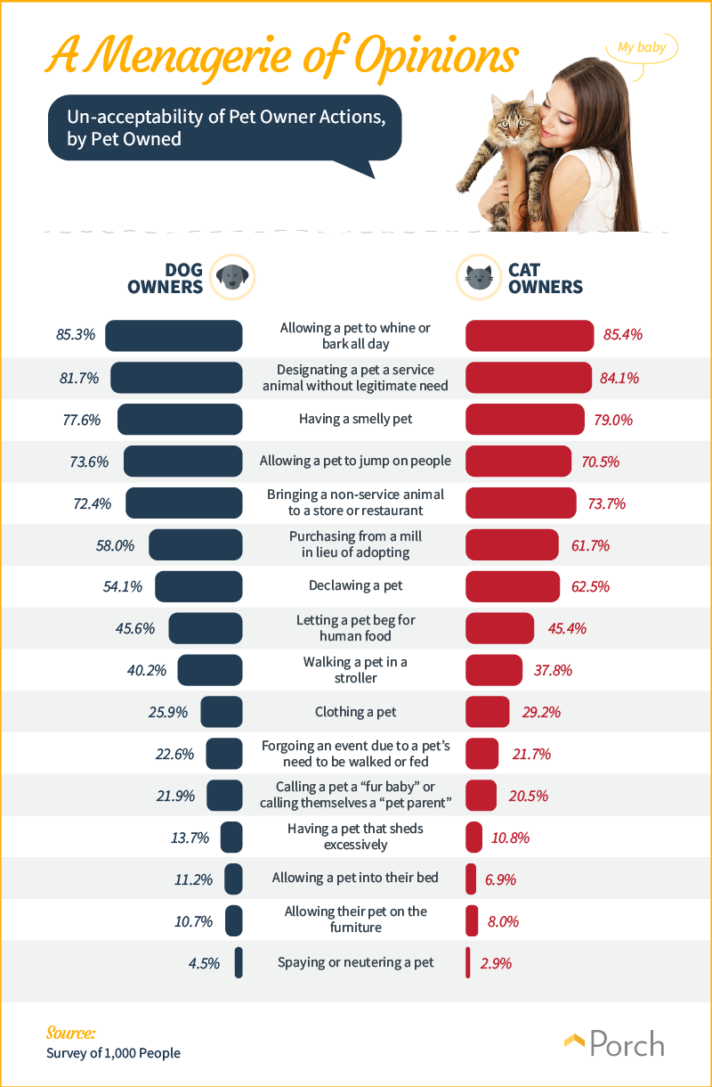 The un-acceptability of pet owner actions, ranked by cat owners vs dog owners.